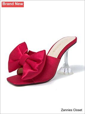 🤠 Satin Bow Mule Heels Square Open Toe Slip On Clear Heel Dress Sandals